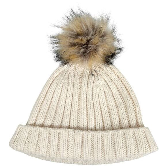 J.Crew Ivory Ribbed Knit Faux Fur Pom Pom Wool Cashmere Blend Beanie Hat - Picture 3 of 6